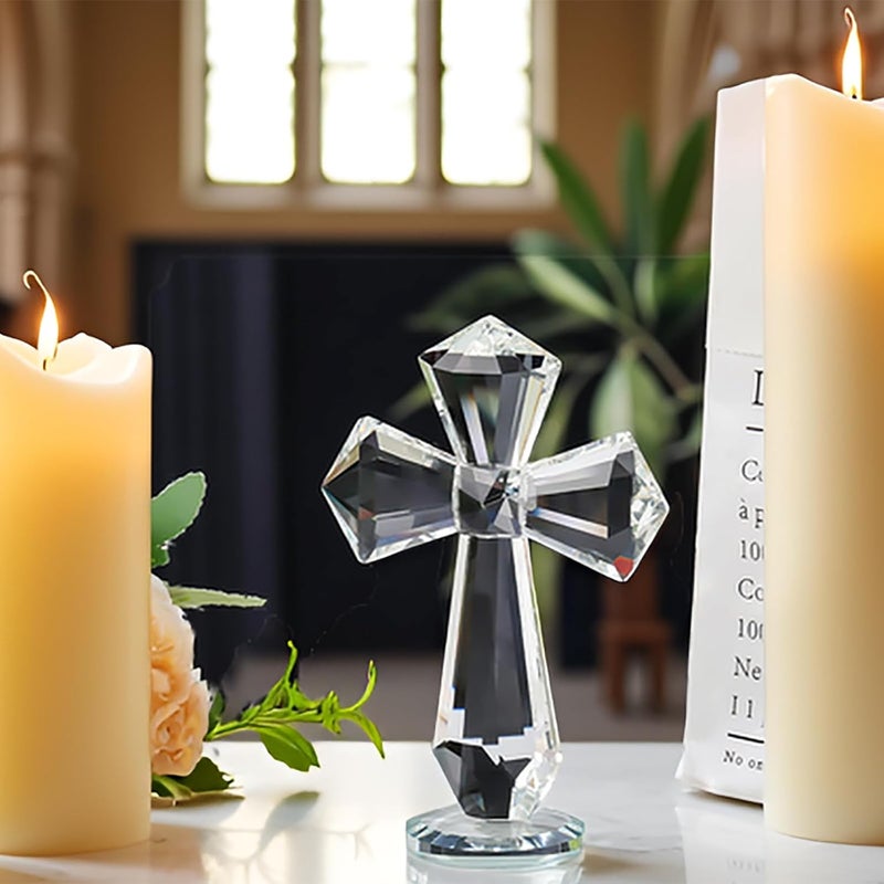 Rotroyce Hand-Carved Crystal Cross Desk Decor - 6 Inch Spiritual Gift for Christians, Clear K9 Crystal Religious Figurine with 360° Faceted Design, Home Altar & Office Inspirational Ornament (Transparent) - Image 2